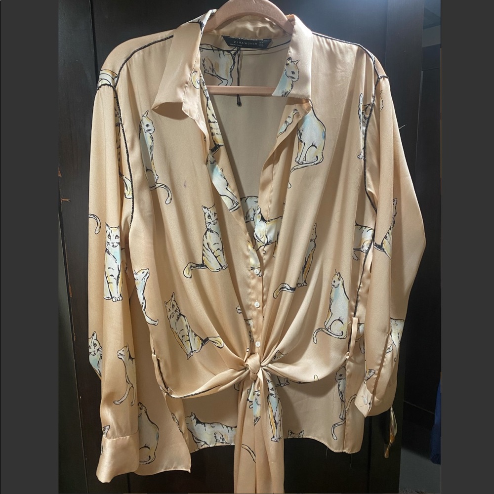 ZARA Cat Print Tie-front Satin Blouse